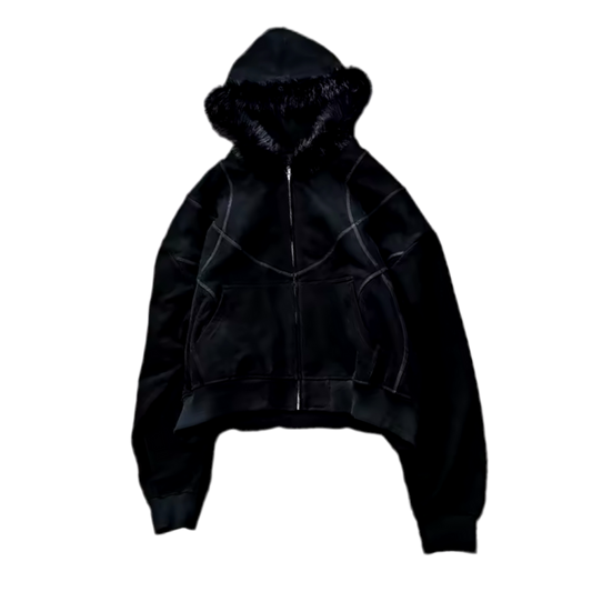 EMBROIDERED FURRY HOOD ZIP UP