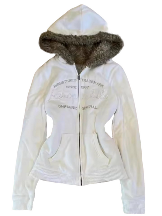 White - Furry Hooded Aeropostale Jumper