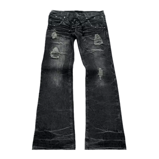 BLACK RIPPED FLARED DENIM