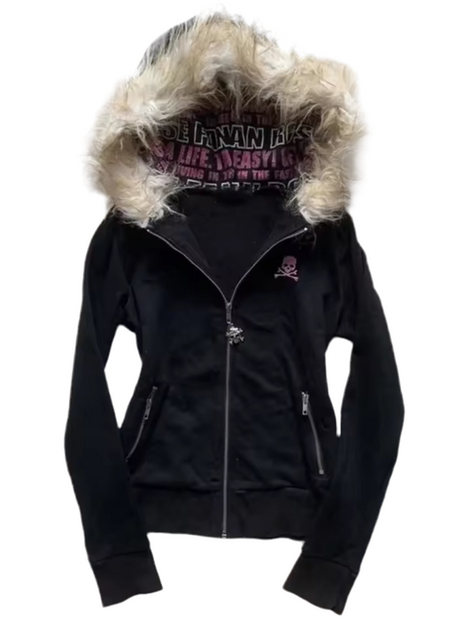 Black - Furry Hooded Skull & Cross Bone Jumper
