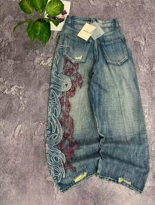 Dragon embroidered bell jeans