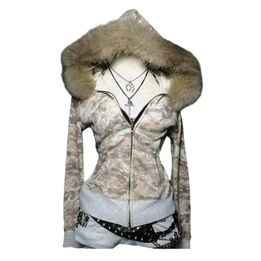 CAMO FUR HOOD ZIP UP