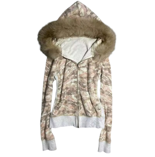 Light Camouflage Fur Hooded Jumper
