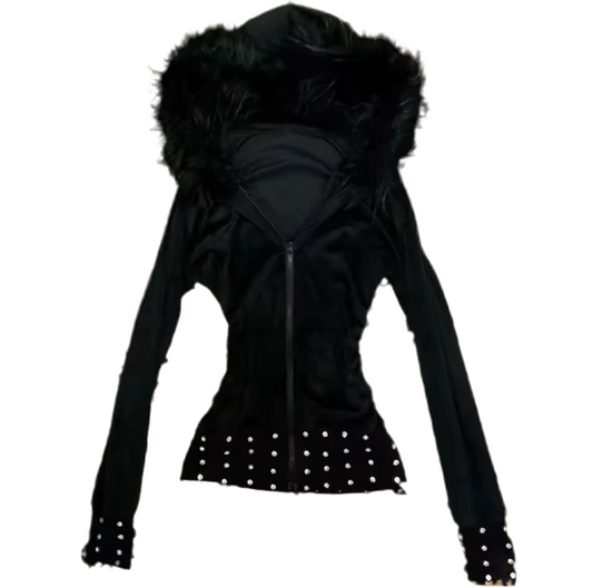 Silver Studded Fur Hood Jumper - Black