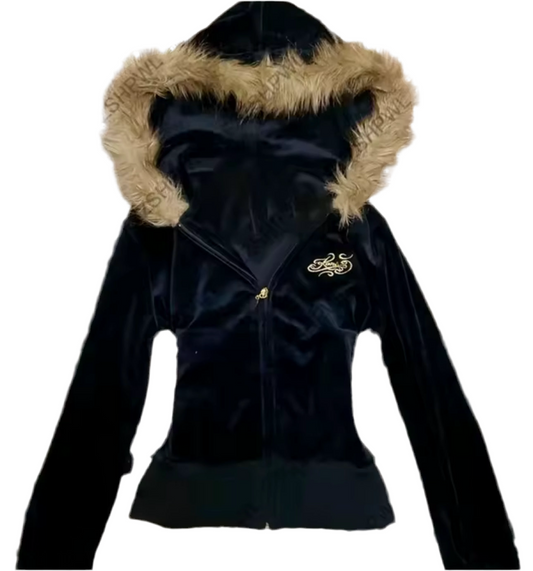 Satin Fur Hooded Black -Jumper