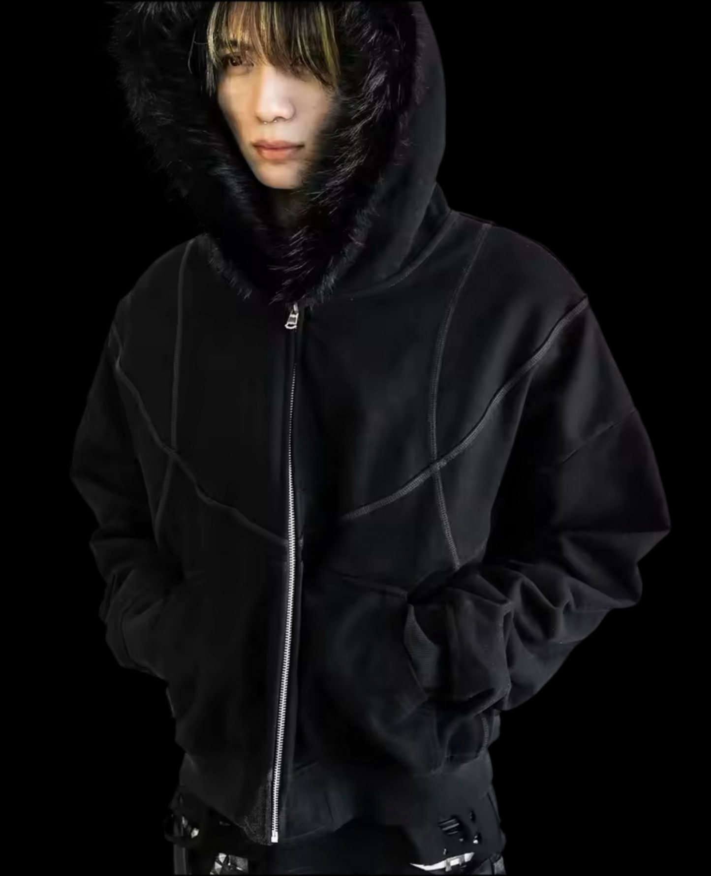 EMBROIDERED FURRY HOOD ZIP UP