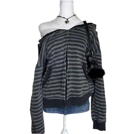 Black & Grey Striped Half Shoulder Jumper