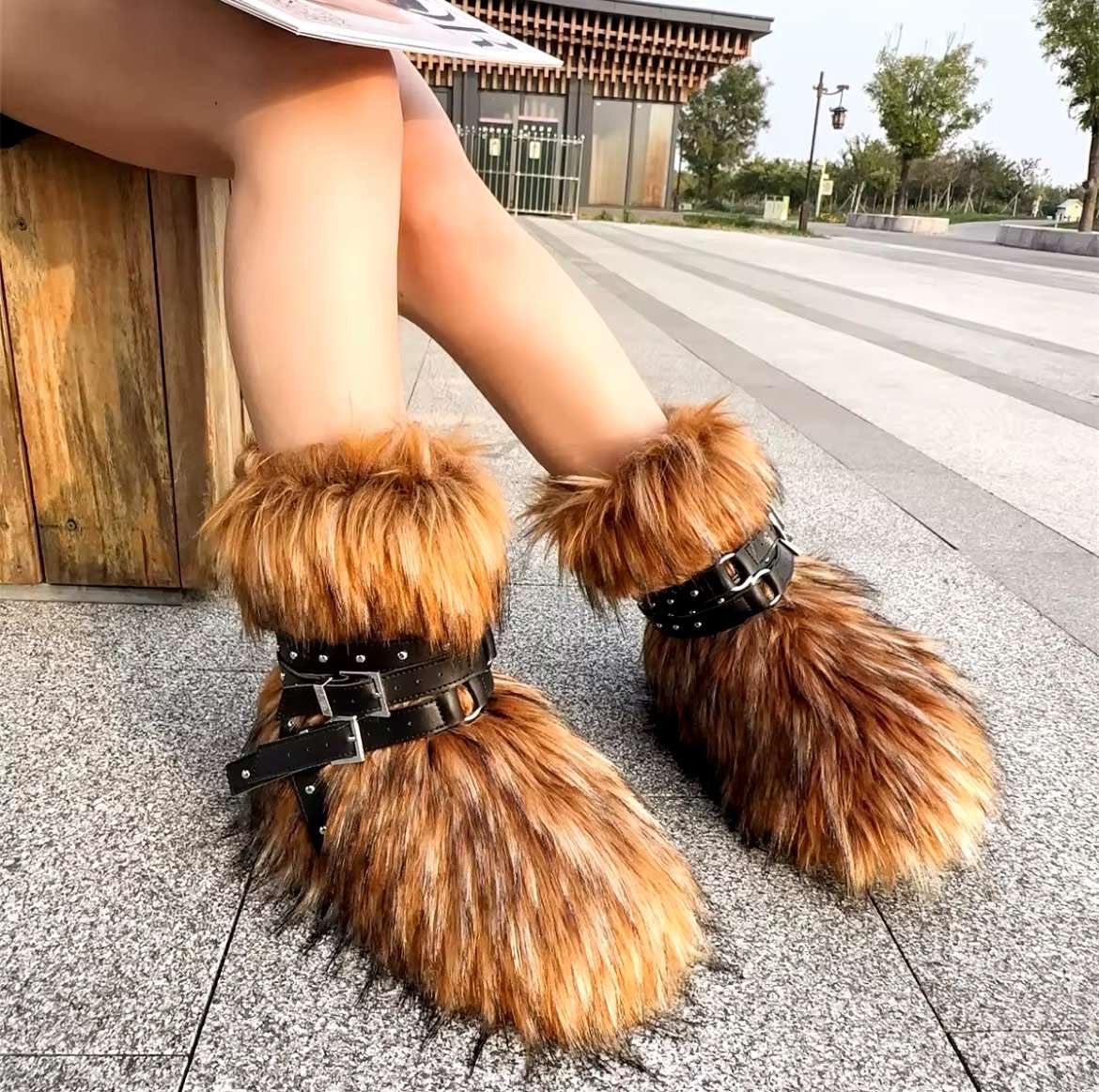 FLUFFY WINTER RACCOON BOOTS WITH STRAPS (4 colours)